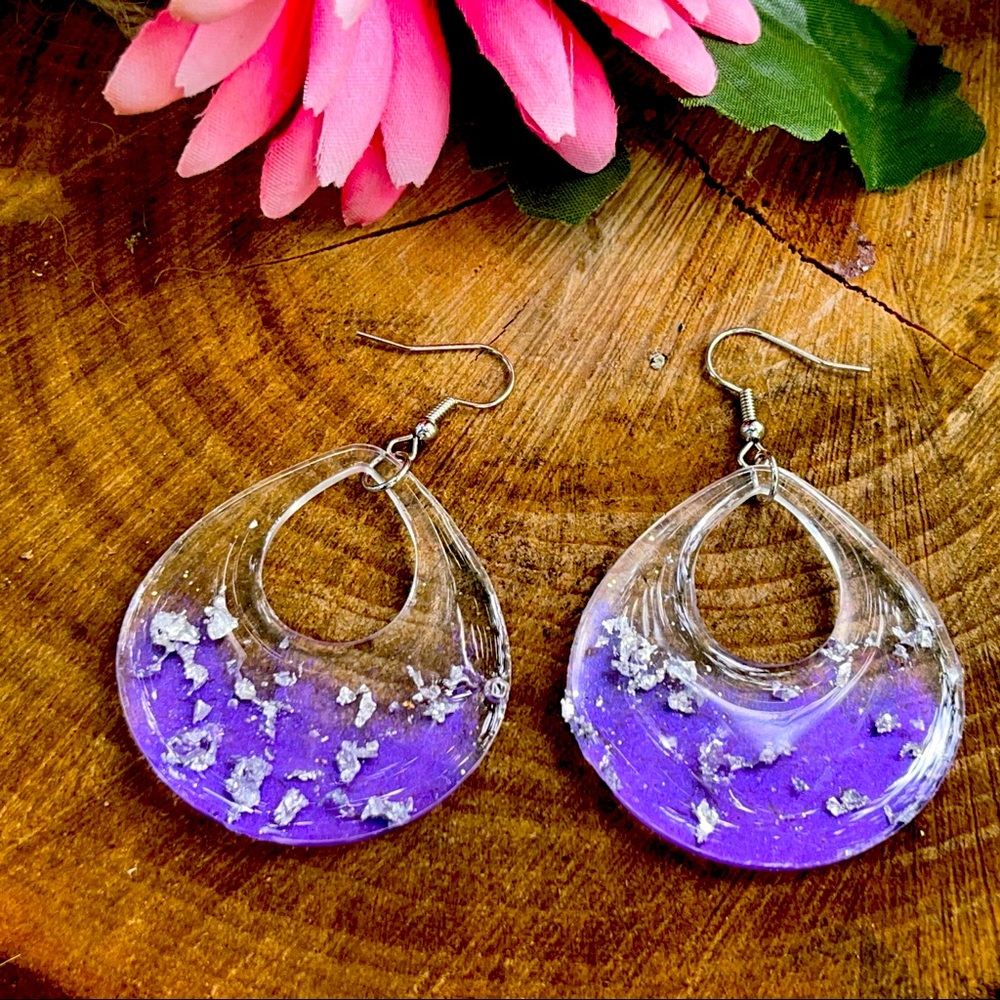 Purple Chunky Hoop Silver Flake Resin Earrings